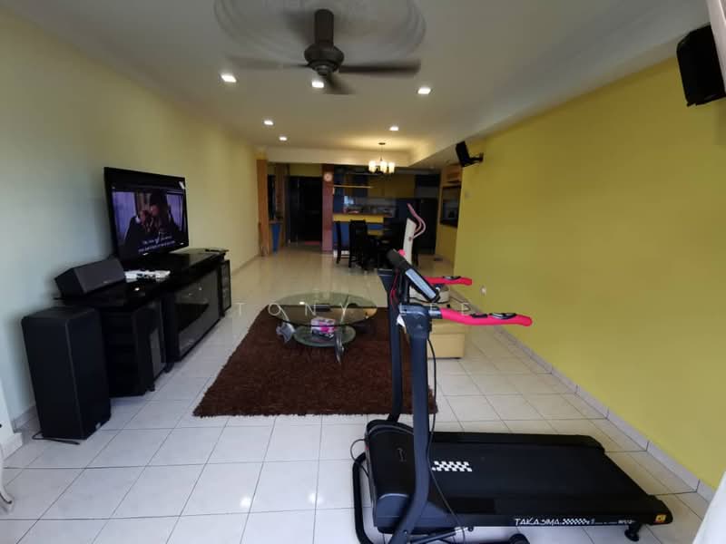 Living features: white painted walls, cream tiled flooring, 5-blade ceiling fan with light, wall-mounted TV, black TV console, glass coffee table, brown area rug, treadmill, recessed lighting, open layout to dining area; style: modern.
