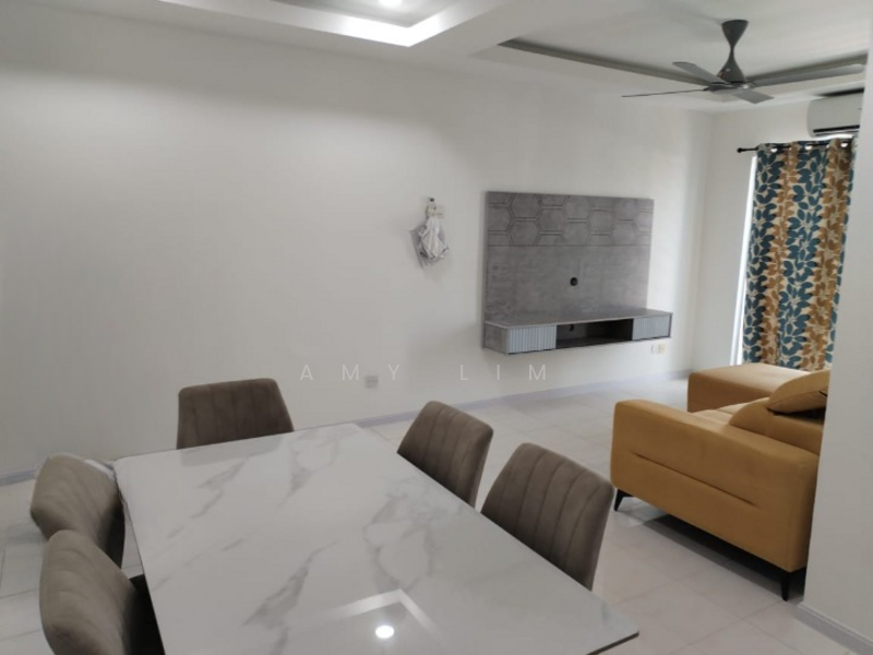 Living features: cream painted walls, white ceiling with recessed lighting, 5-blade ceiling fan, wall-mounted TV console, grey feature wall, sofa in yellow fabric, floor-to-ceiling windows with patterned curtains, marble dining table with grey upholstered chairs, tile flooring; style: modern.