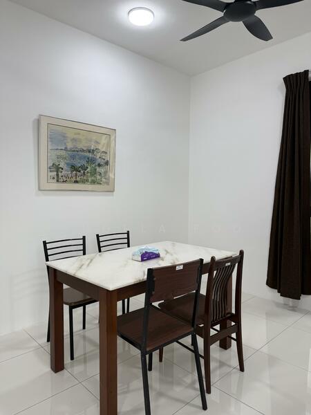 Dining features: white painted walls, glossy white tile flooring, ceiling light, 5-blade ceiling fan, rectangular dining table with marble top, 4 wooden dining chairs, framed artwork on wall, brown curtain; style: modern.