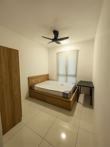 Bedroom features: queen-size bed, wooden bed frame, white walls, white ceiling, 5-blade ceiling fan, floor-to-ceiling window, light-colored curtains, tile flooring, wooden wardrobe, black study desk; style: modern.
