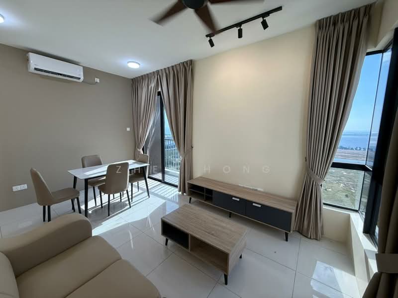 Living features: floor-to-ceiling windows, beige painted walls, white ceiling, 5-blade ceiling fan, recessed LED downlights, light-colored tiled flooring, sofa, wooden coffee table, TV console, dining table with chairs, curtains, air conditioning unit; style: modern; view: sea.