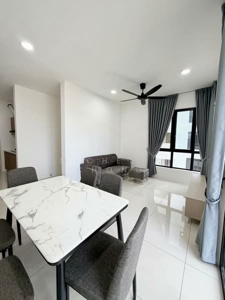 Living features: grey fabric sofa, 2-seater sofa, coffee table, 5-blade ceiling fan with light, floor-to-ceiling windows, curtains, white painted walls, glossy tile flooring, recessed downlights; style: modern. Dining features: marble-top dining table, 4 dining chairs, grey upholstered chairs; style: modern.