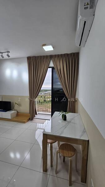 Room features: white painted walls, cream accent wall, glossy tile flooring, recessed ceiling lights, 5-blade ceiling fan, floor-to-ceiling sliding glass door, curtains in beige, small dining table with marble top, wooden chairs, air conditioning unit; style: modern; view: city.