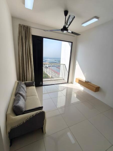 Living features: grey fabric sofa, ceiling fan, floor-to-ceiling windows, sliding glass door, white painted walls, glossy tile flooring, curtains, wooden wall-mounted shelf; style: modern; view: city.