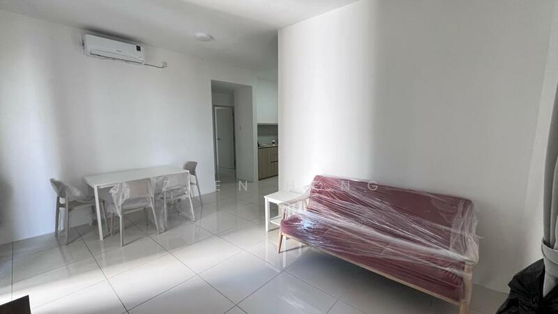 Living features: white painted walls, glossy white tile flooring, 1 wall-mounted split AC, 3-seater fabric sofa wrapped in plastic, white dining table, 4 dining chairs, open layout, natural light from windows; style: modern.
