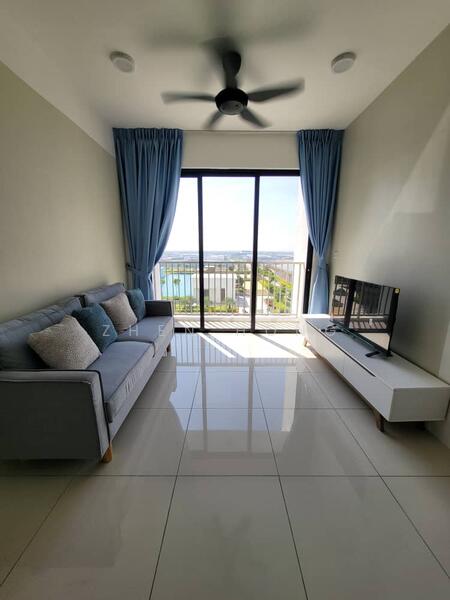 Living features: 3-seater fabric sofa in light grey, floor-to-ceiling windows, sliding glass door, white TV console, wall-mounted TV, ceiling fan, light blue curtains, glossy tile flooring, decorative cushions, view of the sea, natural light; style: modern; view: sea.
