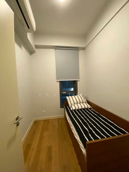 Bedroom features: single bed with wooden frame, striped bedding, wooden flooring, white painted walls, window with roller blinds, wall-mounted air conditioning unit, built-in wardrobe, light fixture on ceiling; style: modern.