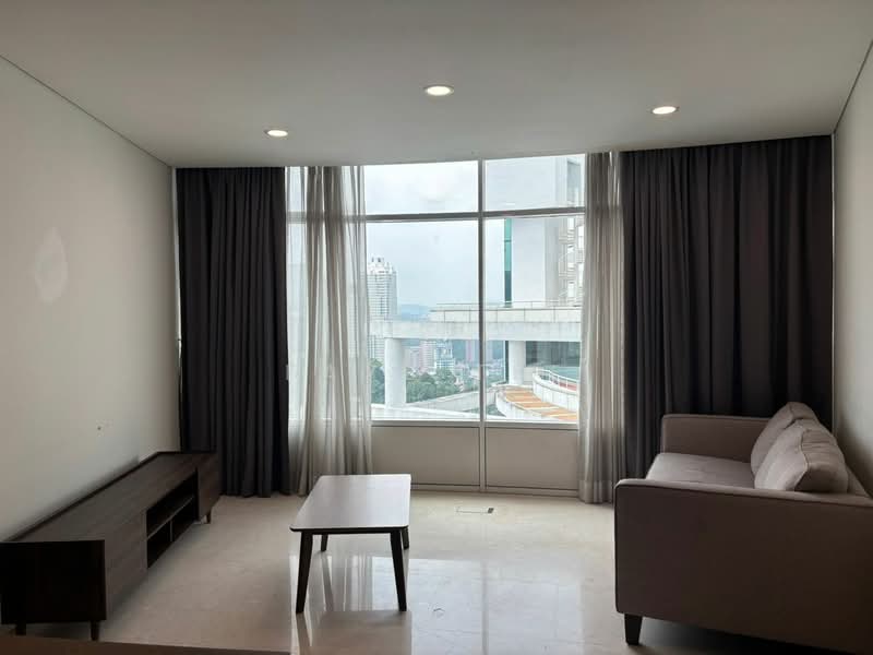 Living features: floor-to-ceiling windows, grey curtains, white walls, marble flooring, 2-seater fabric sofa in light grey, wooden coffee table, TV console, recessed downlights; style: modern; view: city.