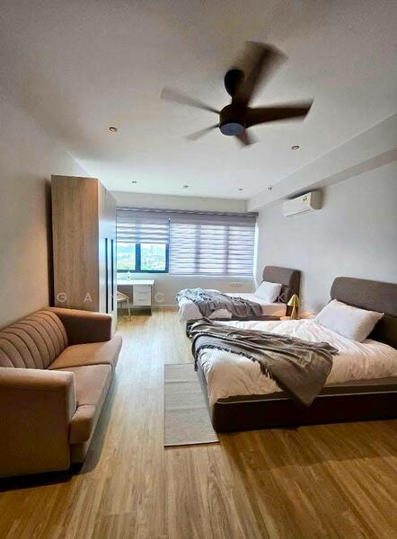 Bedroom features: 2 single beds with grey upholstered headboards, bedding with grey and white blankets, sofa in light beige fabric, wooden flooring, ceiling fan, wall-mounted air conditioning unit, window with horizontal blinds, study desk, chair, decorative wall with minimalistic design; style: modern; view: city.