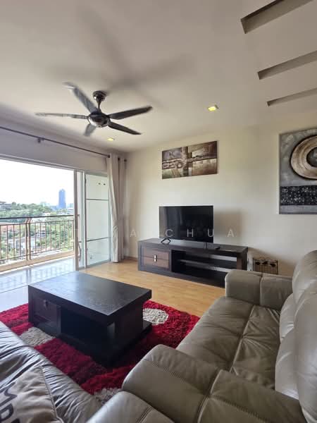 Living features: 3-seater leather sofa, coffee table, wall-mounted TV, TV console, area rug with geometric pattern, 5-blade ceiling fan with light, floor-to-ceiling sliding glass door, wooden flooring, decorative wall art, natural light from balcony, balcony view of city skyline; style: modern; view: city.