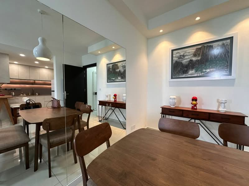Dining features: wooden dining table, 4 wooden dining chairs, mirror wall, framed artwork on wall, pendant light fixture, white painted walls, recessed lighting, console table against wall; style: modern. Kitchen features: grey cabinetry, countertop with under-cabinet lighting, kitchen appliances visible, open layout to dining area; style: modern.