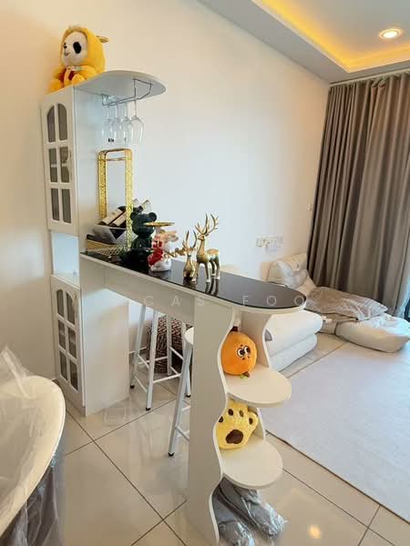 Living features: white painted walls, recessed ceiling lights, light-colored tile flooring, decorative shelving unit, bar counter with stools, stuffed animals on shelves, decorative items on counter, floor-to-ceiling curtains; style: modern.
