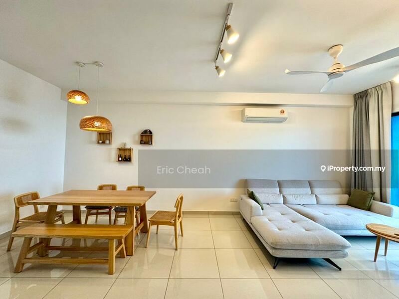 Living features: light grey sectional sofa, wooden dining table with 4 chairs, wooden bench seating, recessed LED downlights, 5-blade ceiling fan, wall-mounted split AC, large window with sheer curtains, cream painted walls, glossy tile flooring, decorative pendant lights; style: modern.