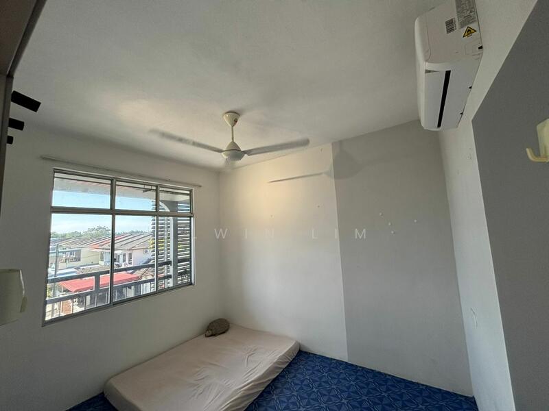 Bedroom features: white painted walls, blue patterned flooring, ceiling fan, window with city view, air conditioning unit, unmade bed with mattress, minimal decor; view: city.