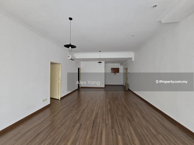 Room features: white painted walls, laminate flooring, recessed downlights, 2 pendant lights, doorway leading to another room, open layout, large unobstructed space, neutral color scheme; style: modern.