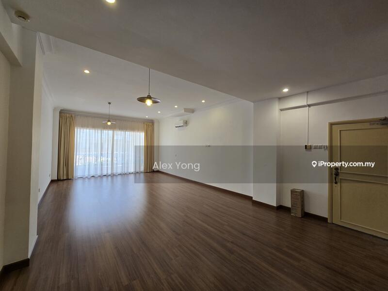 Living features: laminate flooring, white painted walls, recessed downlights, 2 ceiling fans, floor-to-ceiling windows, sheer curtains, wall-mounted split AC, open layout; style: modern; view: city.