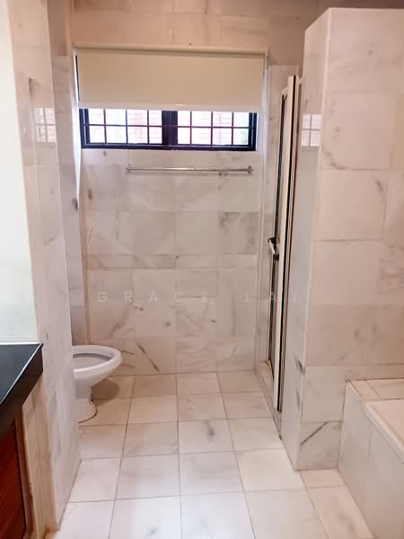 Bathroom features: white marble tile flooring, white marble wall tiles, glass shower enclosure, built-in bathtub, toilet, window with roller blinds, chrome towel rail, single-sink vanity with dark wood cabinet; style: modern.