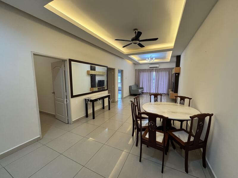 Dining features: round marble dining table, 8 wooden dining chairs, white painted walls, recessed ceiling lights, 5-blade ceiling fan, large mirror on wall, tile flooring, curtains, natural light from window; style: modern. Living features: grey fabric sofa, coffee table, TV console, wall-mounted TV, tile flooring, white painted walls, recessed ceiling lights, curtains, natural light from window; style: modern.