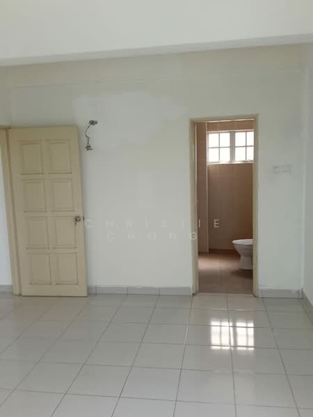 Room features: white painted walls, glossy ceramic tile flooring, wooden door with panel design, doorway leading to bathroom, light fixture on wall, window with natural light, neutral color scheme; style: minimalist.