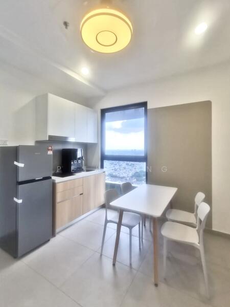 Kitchen features: white cabinetry with wood accents, stainless-steel fridge, built-in microwave, black countertop, 4-seater dining table, white plastic dining chairs, window with city view, recessed ceiling lights, light fixture with circular design, grey tiled flooring; style: modern; view: city.