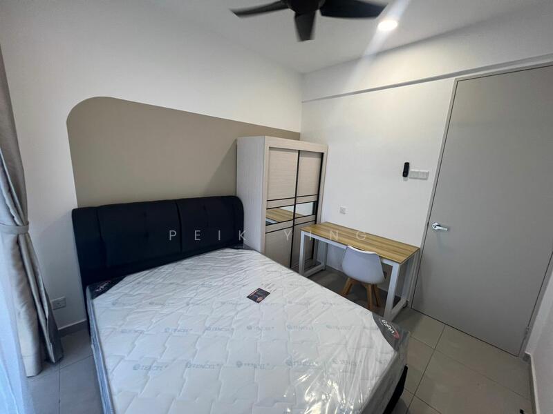 Bedroom features: queen-size bed, upholstered headboard, study desk, white chair, built-in wardrobe, grey accent wall, floor-to-ceiling window, curtains, ceiling fan, tile flooring; style: modern.