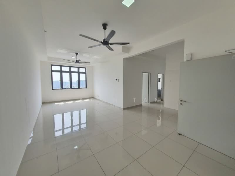 Living features: white painted walls, glossy ceramic tile flooring, 5-blade ceiling fan with light, floor-to-ceiling windows, natural light from windows, neutral color scheme, open layout, high ceiling; style: modern; view: city.