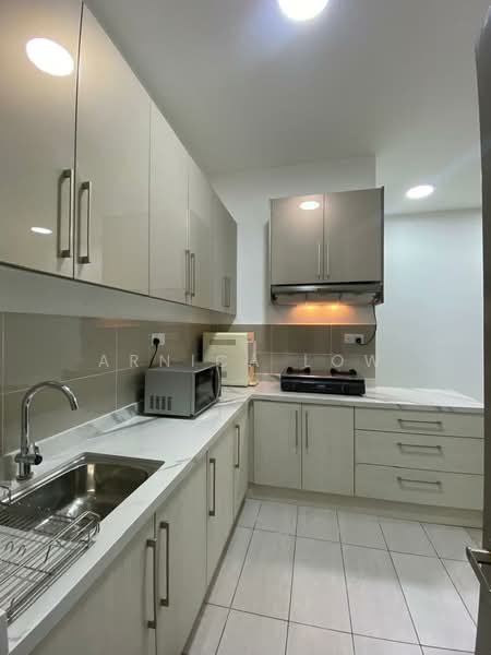 Kitchen features: single-bowl stainless-steel sink, chrome pull-down faucet, white laminate cabinetry, built-in oven, freestanding range oven, microwave, white quartz countertop, ceramic tile backsplash, tile flooring, recessed downlights, wall-mounted range hood; style: modern.