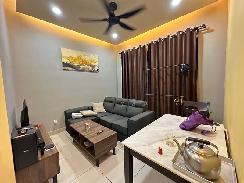 Living features: 3-seater fabric sofa in grey, wooden coffee table, TV console, wall-mounted TV, ceiling fan with 5 blades, recessed LED downlights, cream painted walls, tile flooring, curtains in dark brown, decorative artwork on wall, marble-top dining table, kettle on table; style: modern.