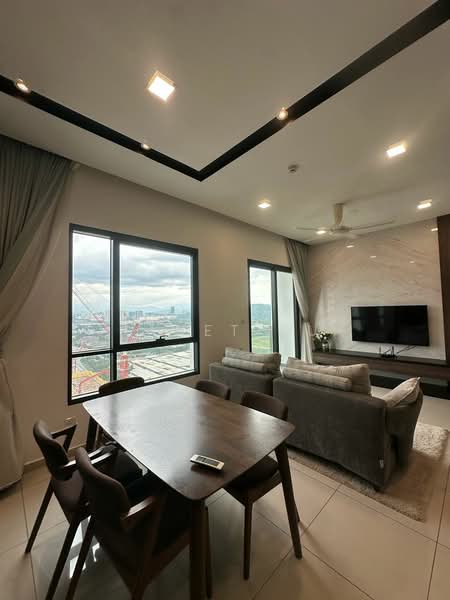 Living features: floor-to-ceiling windows, grey fabric sofa, wooden dining table, 4 dining chairs, recessed downlights, ceiling fan, TV mounted on wall, light-colored accent wall, area rug, curtains, city view; style: modern; view: city.