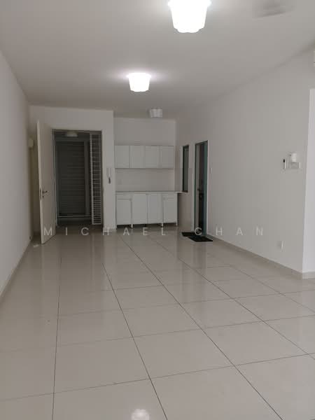 Room features: white painted walls, glossy ceramic tile flooring, ceiling lights, built-in cabinetry, open space layout, doorway leading to another room, sliding door, window, neutral color scheme; style: modern.
