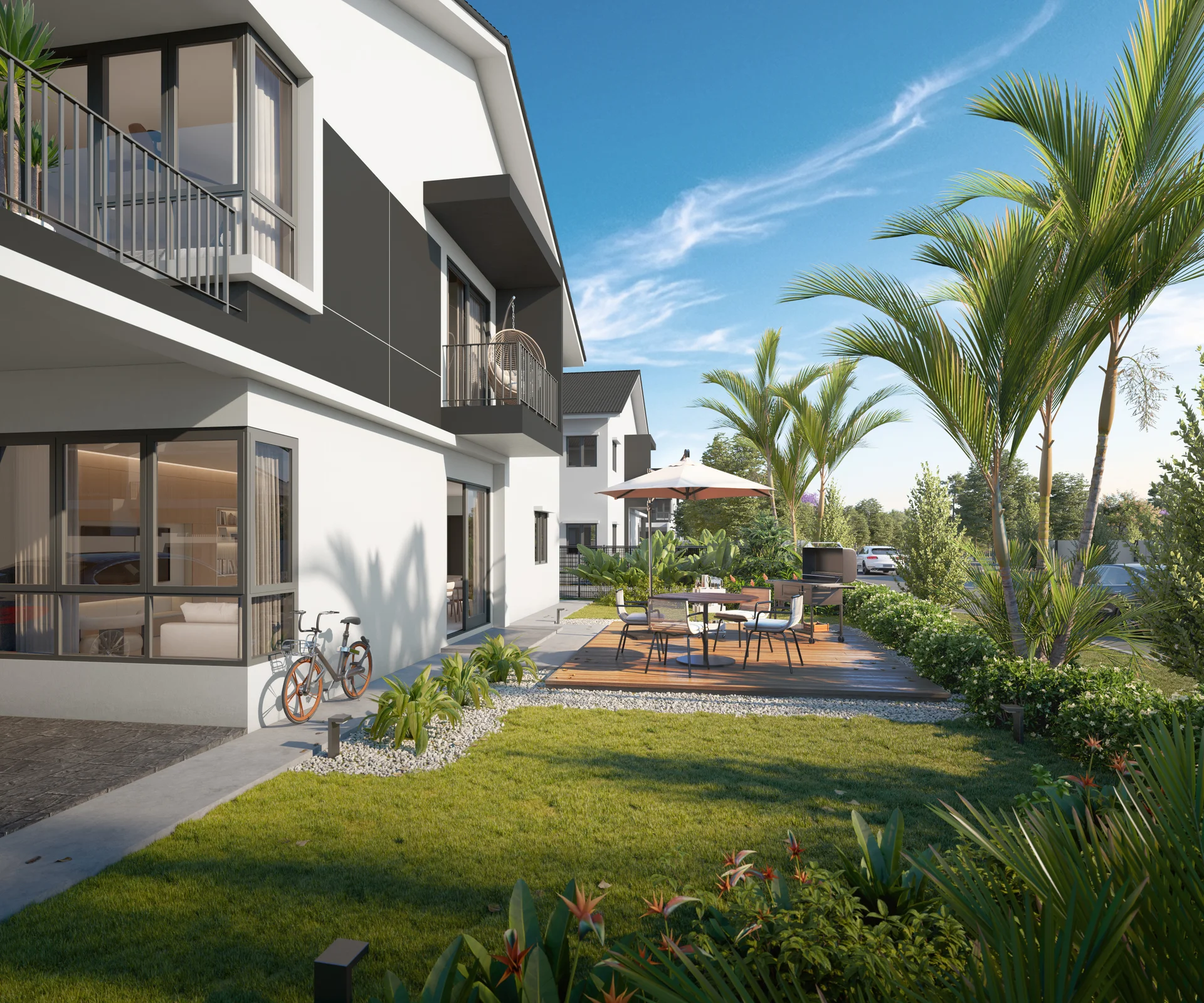 Exterior type: linked terrace house; features: white painted facade, black accent panels, flat roof, manicured lawn, tropical landscaping, paved walkway, outdoor dining area with table and chairs, umbrella over dining area, bicycle parked, palm trees, garden beds with plants; style: modern.