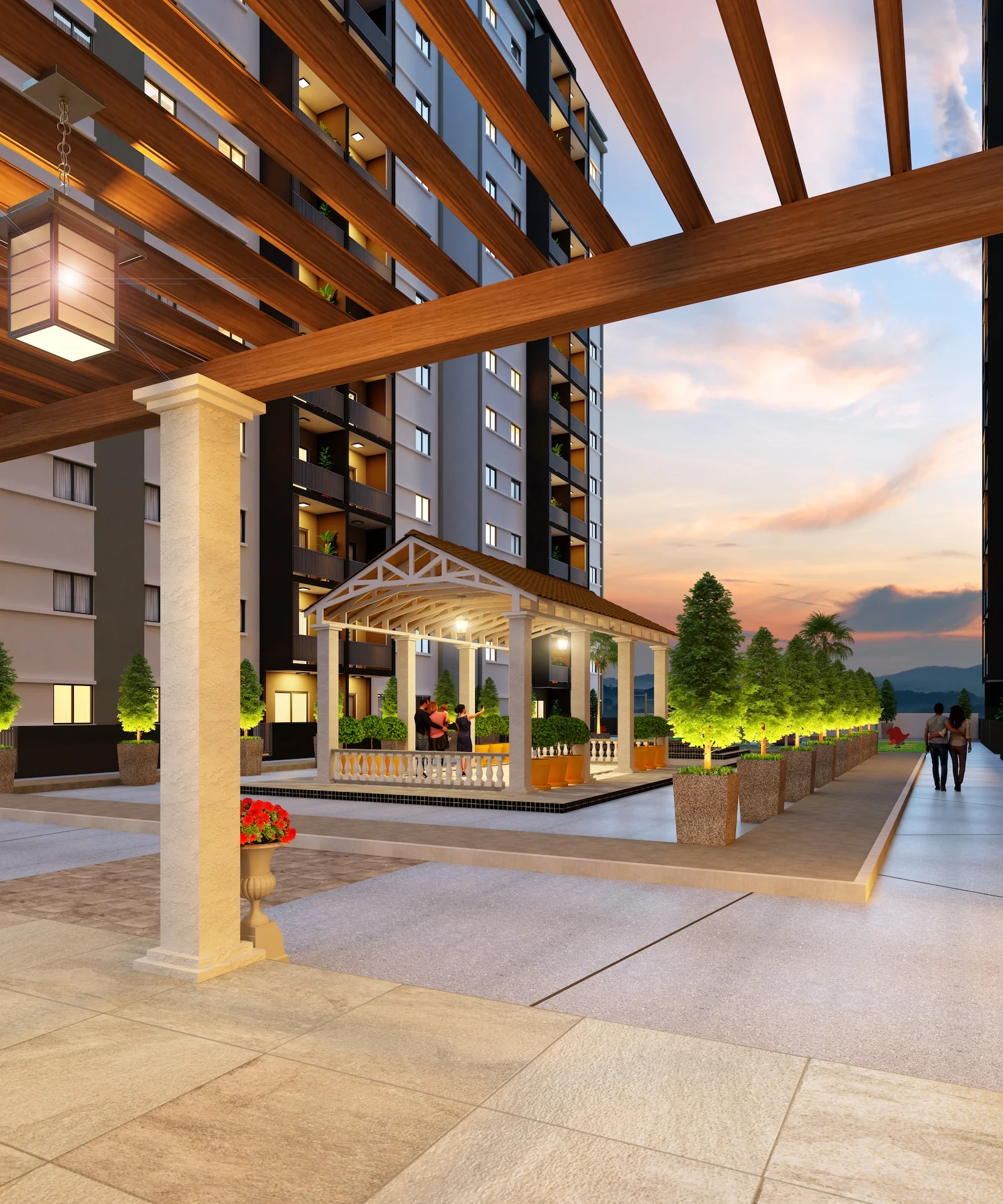Exterior type: mid-rise condominium; features: covered gazebo with wooden structure, manicured landscaping with potted plants, stone-paved walkway, outdoor seating area, decorative lanterns, multiple storeys visible, balconies with plants, evening sky with sunset, pedestrian pathway, trees lining the walkway; style: modern.