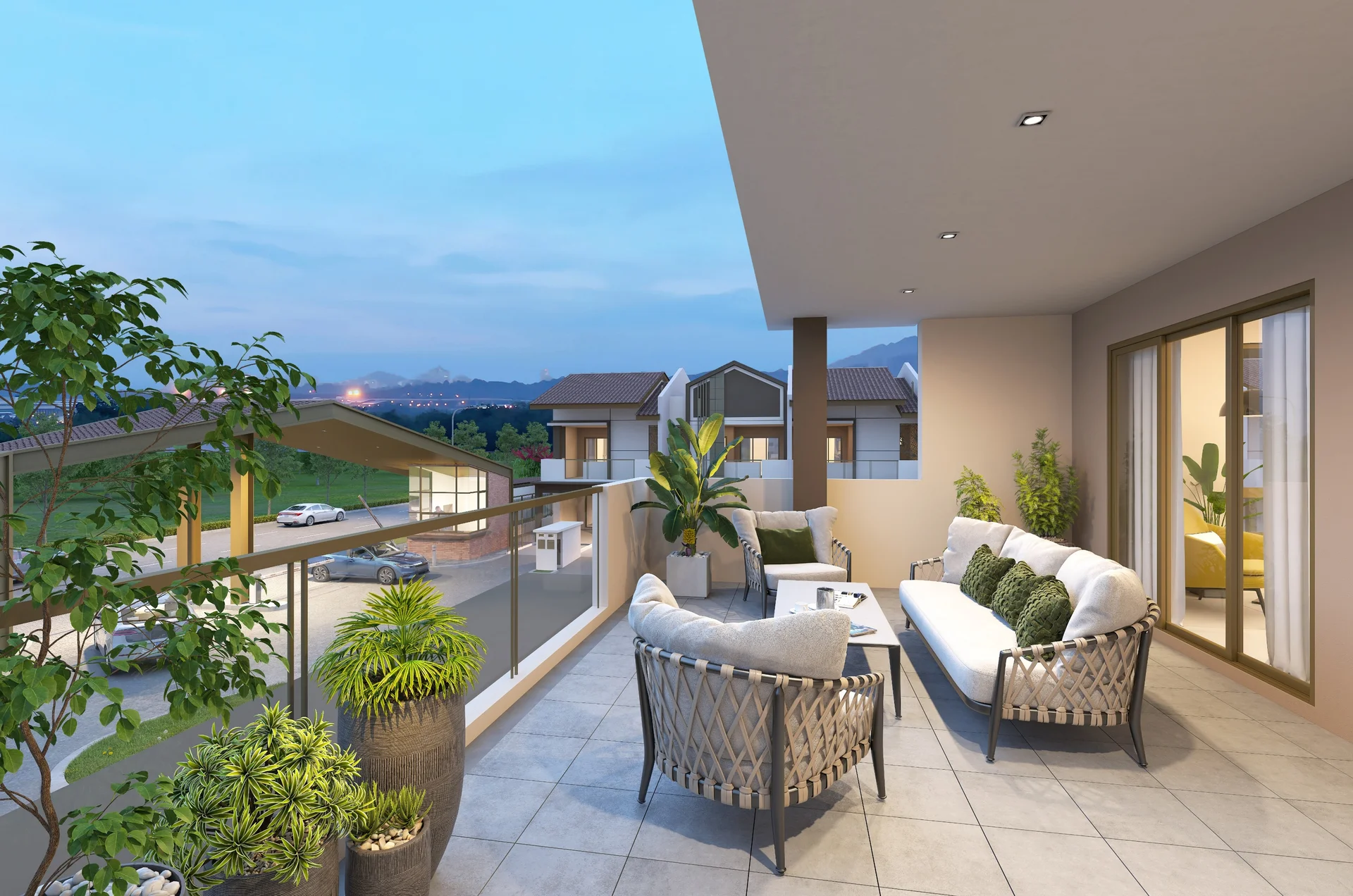 Balcony features: outdoor seating area with 2 rattan armchairs, outdoor sofa with cushions, glass railing, potted plants, ceramic planters, tile flooring, recessed ceiling lights, view of surrounding houses, view of green landscape; style: modern; view: garden.