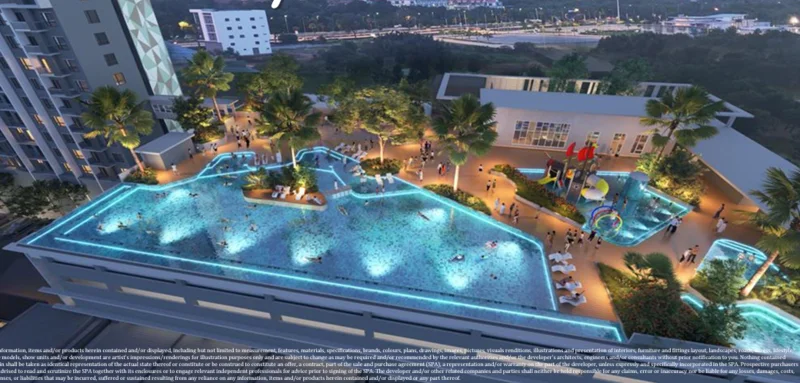 Exterior type: swimming pool deck; features: infinity pool with LED lighting, children's playground, pool deck with loungers, landscaped garden with palm trees, water features, outdoor dining area, manicured lawn, surrounding greenery, modern clubhouse, decorative lighting, play structures for kids; style: modern.