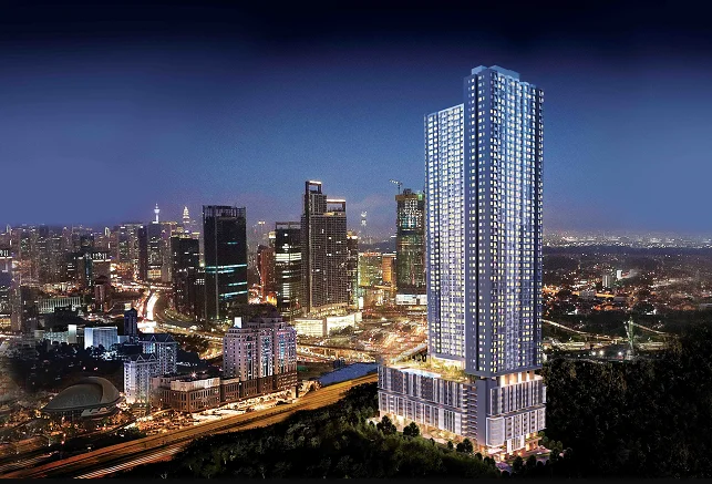 Exterior type: high-rise condominium; features: glass curtain wall, illuminated facade, recessed balconies, surrounded by city skyline, landscaped garden at base, multi-storey structure, night view with city lights; style: modern.