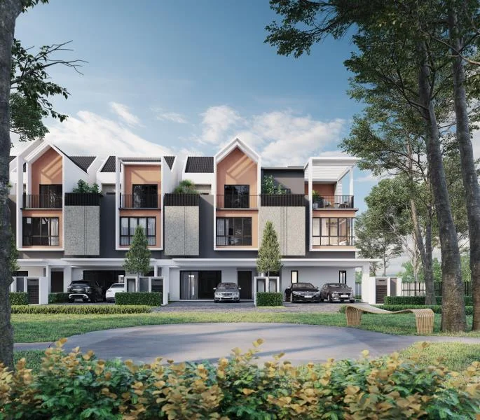 Exterior type: linked terrace house; features: modern facade with a mix of materials, grey stone cladding, white painted sections, projecting balconies, pitched roofs with dark tiles, manicured landscaping with trees, driveway with parking spaces, surrounded by greenery, large windows, outdoor terraces, two-storey structure; style: modern.