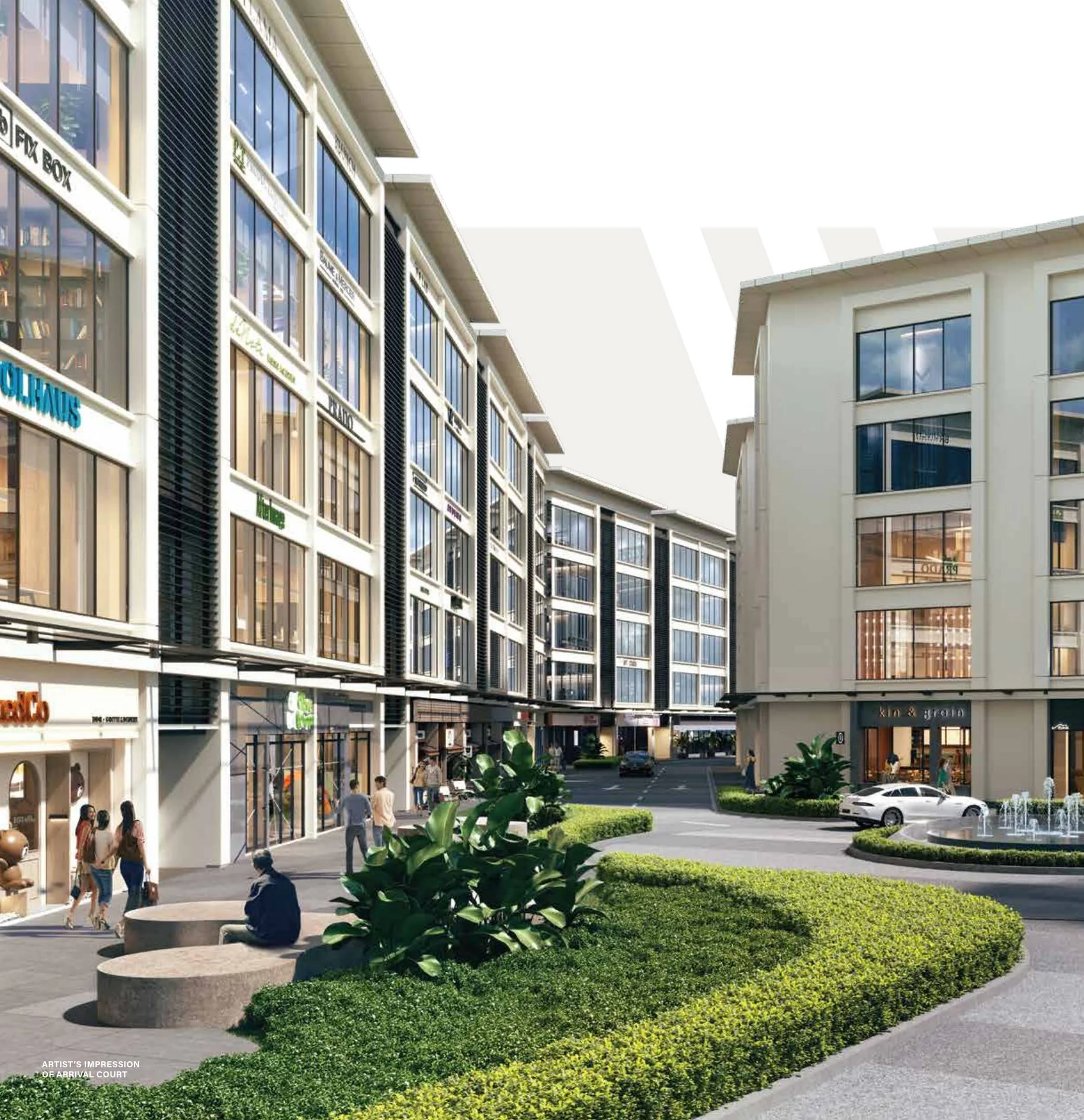 Exterior type: mixed-use development; features: modern glass facade, two-storey buildings, landscaped garden area, manicured hedges, outdoor seating area, paved walkways, retail shops at ground level, parking spaces visible, greenery surrounding buildings, large windows, balconies on upper floors; style: contemporary.