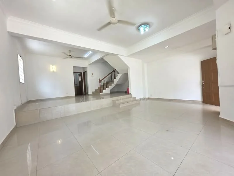 Room features: white painted walls, glossy ceramic tile flooring, ceiling fan, recessed downlights, staircase with wooden railing, large windows for natural light, door leading to exterior, step-up platform area; style: modern.
