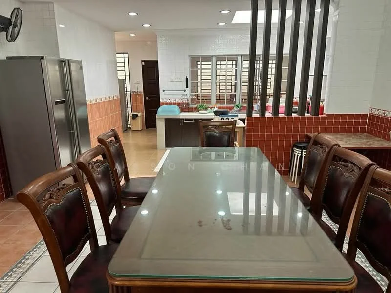 Dining features: 6-seater dining table with glass top, wooden dining chairs with upholstered seats, tile flooring, white painted walls, recessed downlights, open layout to kitchen, kitchen island visible, stainless-steel fridge, kitchen cabinetry with red tile backsplash; style: modern. Kitchen features: kitchen island, stainless-steel sink, built-in oven, gas hob, red tile backsplash, wooden cabinetry, window for natural light, open shelving; style: modern.