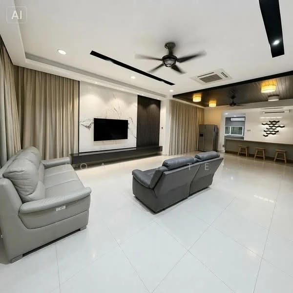 Living features: 3-seater leather sofa in grey, 2-seater leather sofa in grey, wall-mounted TV, marble feature wall, recessed downlights, ceiling fan with light, white tiled flooring, curtains, open layout to dining area, decorative wall paneling, bar counter with stools; style: modern.