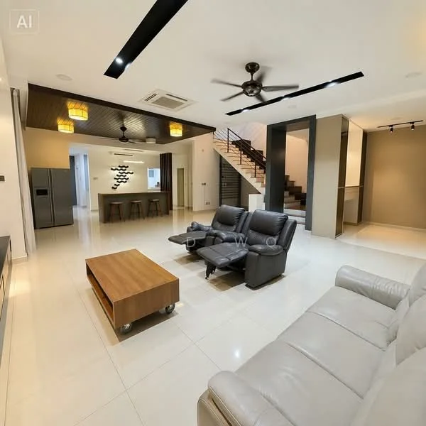 Living features: grey leather reclining sofa, wooden coffee table on wheels, white tiled flooring, ceiling fan with light, recessed LED downlights, wall-mounted air conditioning unit, open layout to kitchen, staircase in background, decorative wall paneling, neutral painted walls; style: modern. Kitchen features: island kitchen with bar seating, stainless-steel fridge, open shelving, pendant lighting above island, neutral cabinetry, white countertop, built-in oven, cooktop, back wall with decorative feature; style: modern.