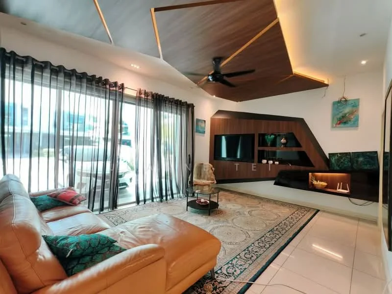 Living features: L-shaped leather sofa in beige, decorative cushions, area rug with intricate pattern, wall-mounted TV, wooden feature wall, recessed lighting, ceiling fan with light, large floor-to-ceiling windows, black sheer curtains, decorative wall art, built-in shelving unit, coffee table; style: modern; view: garden.