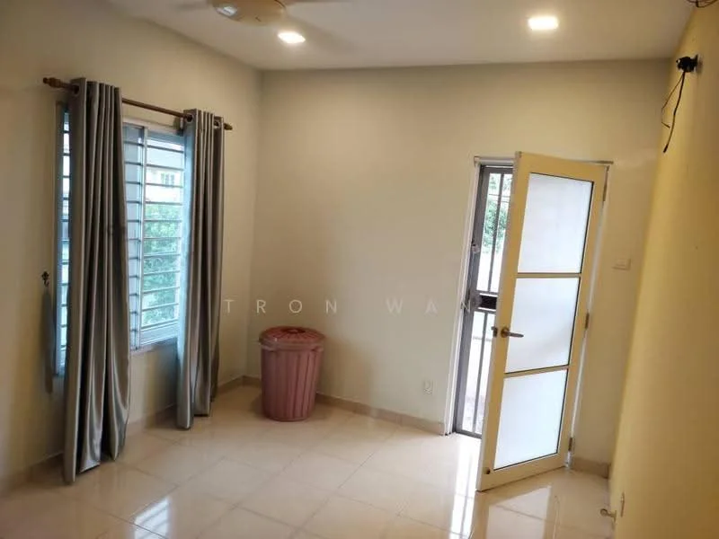 Room features: cream painted walls, glossy tile flooring, floor-to-ceiling windows, white sheer curtains, single door with glass panel, ceiling fan, waste bin, light fixtures.