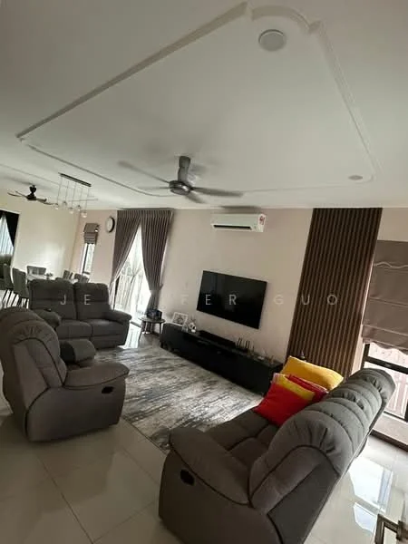 Living features: 5-blade ceiling fan with light, recessed downlights, cream painted walls, wall-mounted TV, TV console, 2-seater fabric sofa in grey, 3-seater fabric sofa in grey, area rug with abstract pattern, sliding glass door, floor-to-ceiling windows, curtains, decorative wall clock; style: modern.
