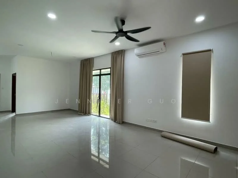 Living features: white painted walls, polished ceramic tile flooring, 5-blade ceiling fan with light, floor-to-ceiling windows, sliding glass door, sheer curtains, recessed LED downlights, air conditioning unit, decorative wall, natural light from windows; style: modern; view: garden.
