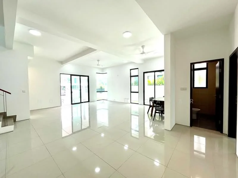 Living features: white painted walls, glossy tile flooring, 5-blade ceiling fan with light, large floor-to-ceiling windows, sliding glass doors, dining table with chairs, recessed downlights, open layout, natural light from multiple angles; style: modern; view: garden. Room features: white painted walls, glossy tile flooring, door leading to another room.
