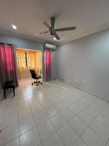 Room features: white painted walls, tile flooring, 5-blade ceiling fan, window with sheer curtains, window with blackout curtains, air conditioning unit, single chair, small table.
