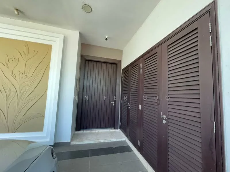 Exterior features: main entrance door with vertical slats, two sets of wooden louvered doors, cream wall with decorative relief, grey tiled flooring, overhead light fixture, doorbell, stone-clad wall section; style: modern.