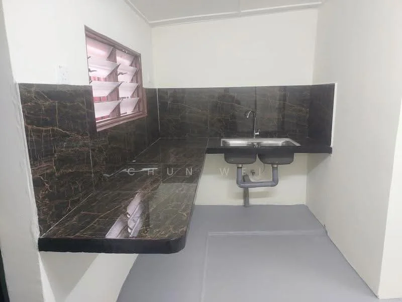 Kitchen features: black marble countertop, single-bowl stainless-steel sink, chrome pull-down faucet, wall-mounted window with slats, grey flooring, black cabinetry, open shelving, kitchen island with seating area; style: modern.