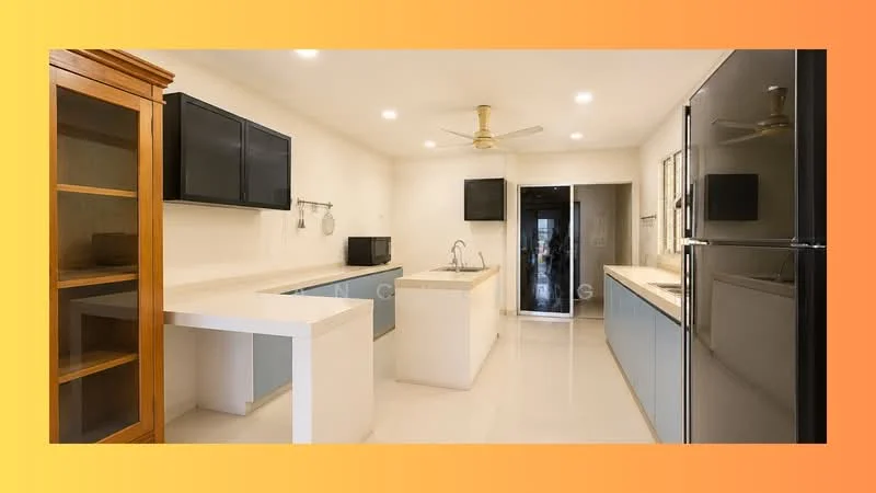 Kitchen features: white painted walls, light-colored cabinetry with blue accents, white countertop, stainless-steel sink, chrome pull-down faucet, built-in microwave, freestanding black fridge, ceiling fan, tile flooring, open shelving, glass-front cabinet, kitchen island; style: modern.